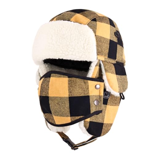 Image of Buffalo Plaid Winter Trapper Hat, Sherpa Lined Ear Flap Hunting Cap Men
