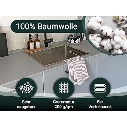 ZOLLNER 5er Set Geschirrtücher Baumwolle in 50x70 cm - saugstarke und strapazierfähige Küchentücher - waschbar bis 60°C – in Taupe weiß gestreift - Gastronomiequalität - Oeko Tex® Zertifiziert – Bild 4