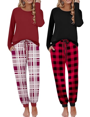 Image of Ekouaer 2 Pack Womens Pajama Sets Long Sleeve Pjs Soft Comfy Lounge Set