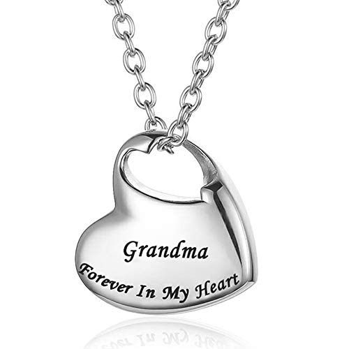 Gisunye Cremation Urn Necklace for Ashes Urn Jewelry,Forever in My Heart Carved Stainless Steel Keepsake Waterproof Memorial Pendant for mom & dad with Filling Kit (Grandma)