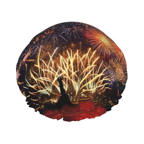 Gorro de ducha con forro suave y estampado de fuegos artificiales, doble capa, lavable, banda elástica ancha, gorro de ducha para el baño