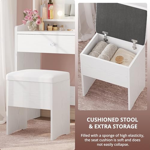 Image of LIKIMIO Small Vanity Desk with Mirror Lights and Storage Stool, White