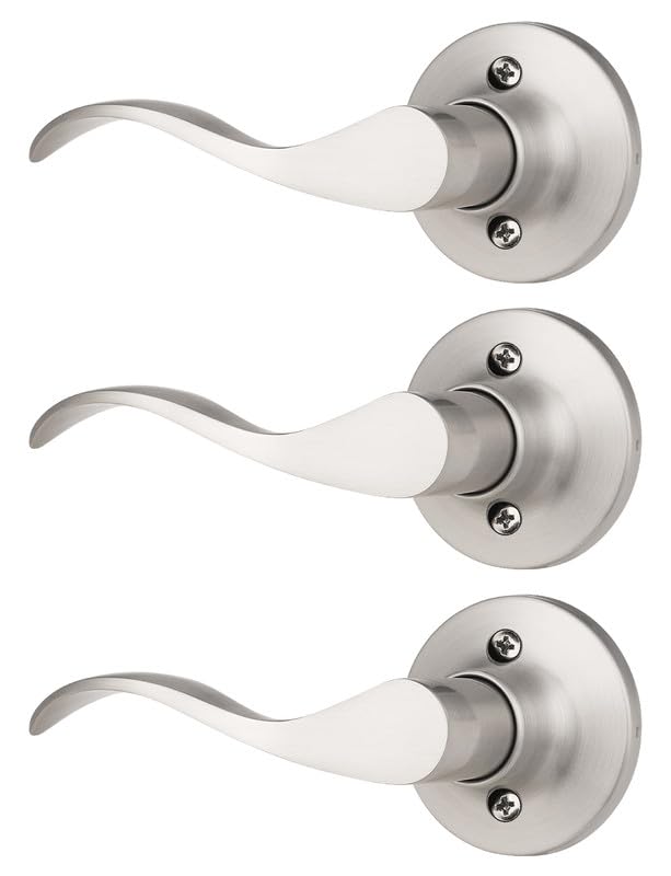 Image of Mengico 3 Pack Satin Nickel Dummy Door Lever, Single Left Side Door Handle for Closets, Non-Turning Pull Only Lever Set, Wave Style Interior Door Knob