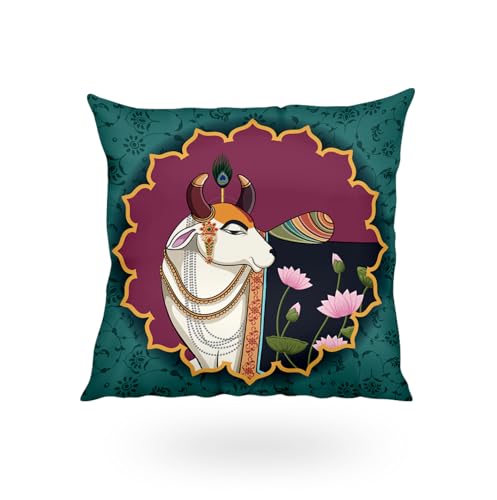 Image of SCPmarts Pichwai Printed Satin Cushion Covers Set of 5 - 16x16 Inch Square Decorative Throw Pillow Covers for Sofa, Living Room, Bedroom & Home Decor (Cow)