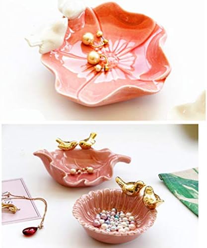 Amosfun Ceramic Jewelry Organizer Tray Pink Lotus Ring Necklace Bracelet Trinkets Holder Display Dish (Random Style)