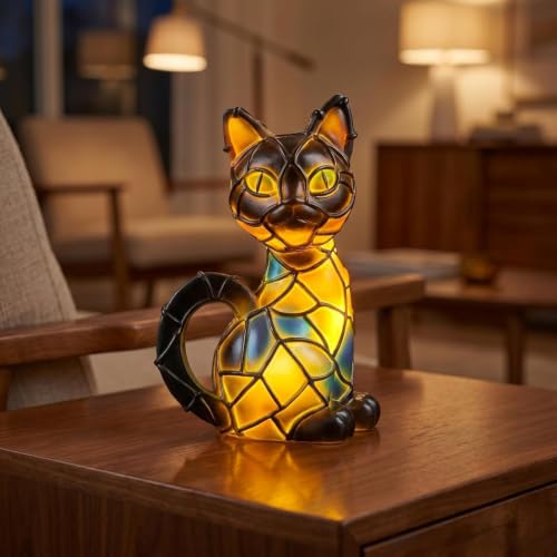 Gutsyluv Cat Lamp Retro Cats Stained Resin Cat Tabletop Night Light Stained Animal Lamps 3D Cute Pet Themed Led Table Lamps Gifts for Cats Lovers (cat A)