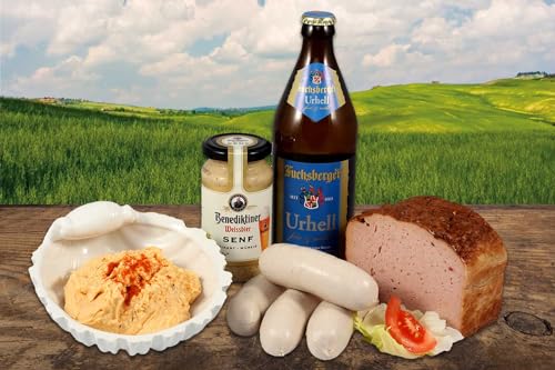 Landmetzger Schiessl's » Bayerische Brotzeit Klassiker « 1700g Hausgemachte Schmankerl | Im Set: Leberkäse + Weißwürste 'Münchner Art' + Bayerische Käsezubereitung + Weissbiersenf + Bayerisches Bier