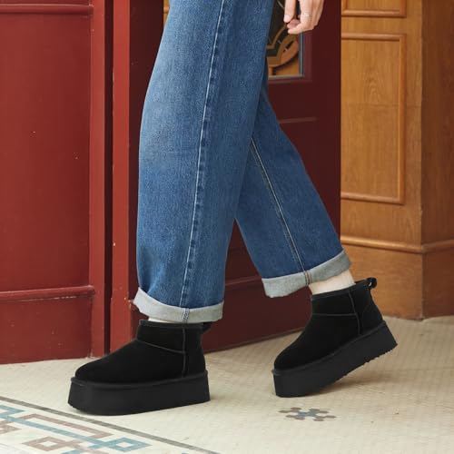 DREAM PAIRS Platform Winter Boots for Women Genuine Suede, Wide Toe Water Slip Resistant Ankle Mini Snow Boots Lined Fur with Lightweigt Memory Foam Insole Outdoor,Size 8.5,Black,SDSB25005W