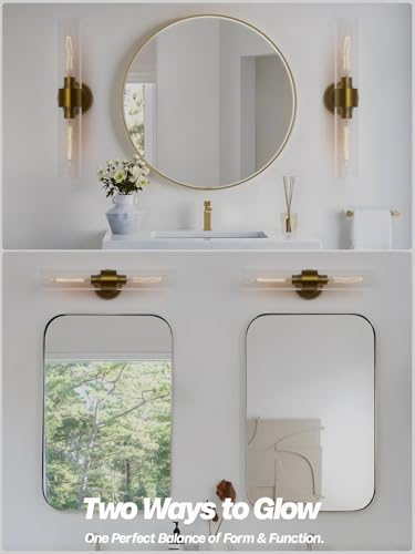 Image of Modern Wall Sconces Set of Two, Brass Gold Bathroom Light Fixtures with Handblown Clear Glass Hardwired Wall Mounted Lamp for Bathroom Vanity Bedroom Livingroom Hallway