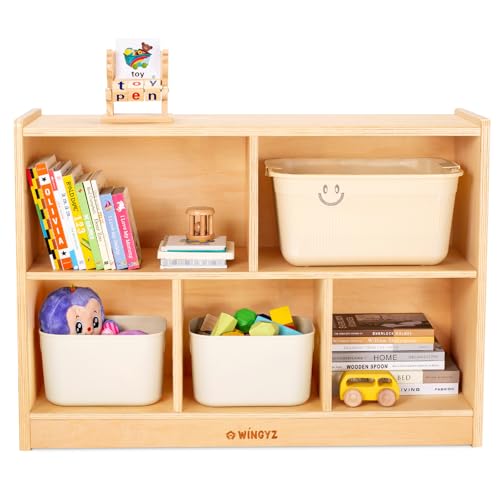 Image of wingyz Wood Storage Shelf Organizer, 35.4" L, 5-Section Montessori Kids Toy & Book Shelf, Wooden Cabinet for Kids Rooms, Playroom, Classroom, Nursery, Preschool Furniture - Nature