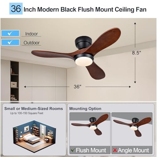 Image of 36 Inch Wood Flush Mount Ceiling Fans with Lights and Remote, Dimmable 3 Blade Wood Bedroom Ceiling Fan with Lights Low Profile Ceiling Fans with Light Outdoor Ceiling Fan for Patios Bedroom