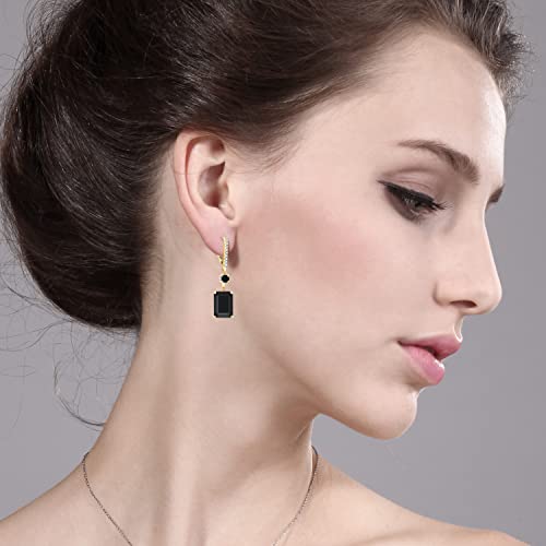 Gem Stone King 13.94 Cttw Black Onyx Dangle Earrings For Women | 18K Yellow Gold Plated Silver | Gemstone Birthstone | Emerald Cut 14X10MM4