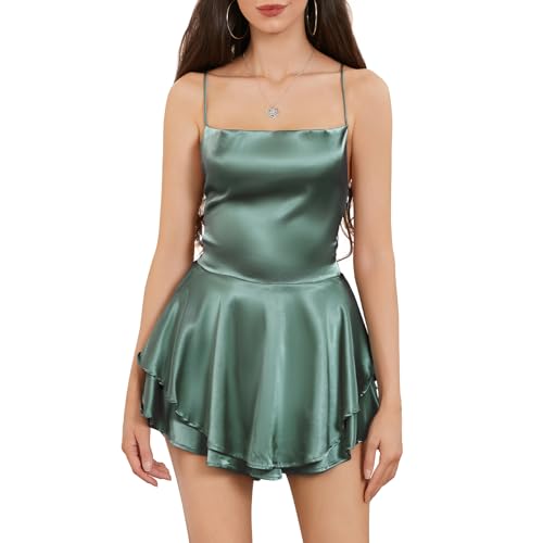 LouVasabuce Vestido corto sexy de satén para mujer, con espalda descubierta, cuello drapeado, con volantes, tirantes delgados, minivestido, Verde, S