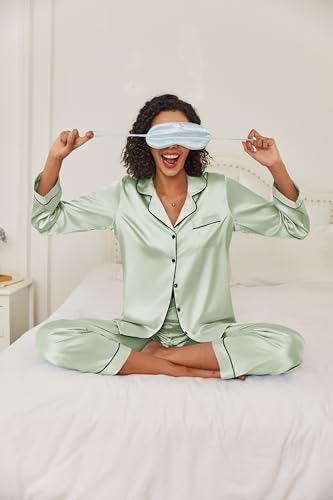 Image of Ekouaer Women's Classic Button Down Long Satin Silk Pajama Set