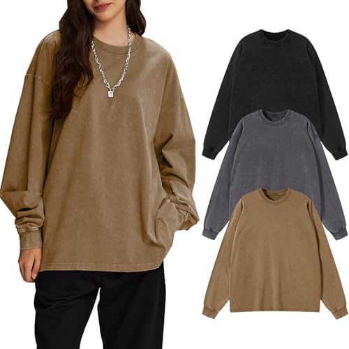 Men's Oversized T Shirts Long Sleeve Shirts for Men Vintage Acid Wash Comfort Colors Crewneck Sweatshirt