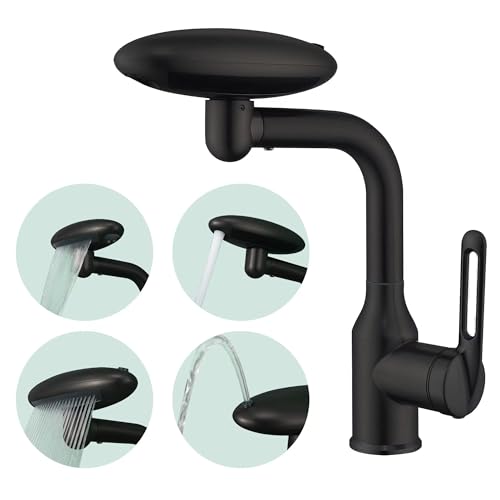 Image of Waterfall Bathroom Sink Faucet, Multifunctional Basin Faucet with 4 Water Outlet Modes Single Hole, Modern 360Rotatable Bathroom Faucet with Two Water Supply Pipes, Matte Black