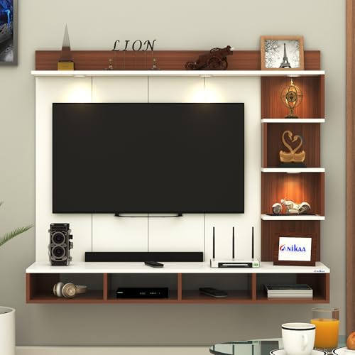Image of Anikaa Kasey Engineered Wood Wall-Mount TV Unit with PVC Back Panel & LED Lights | TV Cabinet with Storage Box & Decorative Shelves (Walnut /White) Ideal for TVs up to 55 Inch | DIY Installation