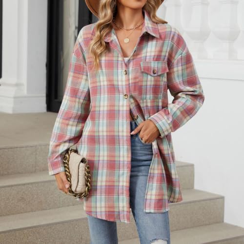 Flannel Plaid Shirts Womens Fall Casual Long Sleeve Button Down Tops Teacher Clothes Thanksgiving Cotton Sweatshirt Tee Y2K Pink - image 5