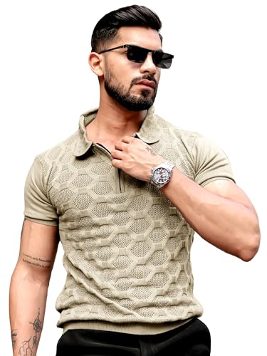Image of Maniac || Mens || Solid Textured || Half Zip || Polo Neck || Half Sleeve || Cotton || T-Shirt