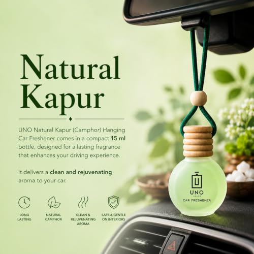 Image of UNO AROMA Natural Kapoor Car Air Freshener, 15ml, Long Lasting Hanging car perfume, Toxin-Free Oil in Glass Bottle with Wooden Diffuser, Car Accessories for fresh aroma, Last Upto-60 Days