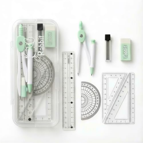 Image of FunBlast Rabbit Theme Compass Set - 7 Pcs Transparent Geometry Box with Protector, Set Squares, Ruler, Compasses, Ruler Set, Math Geometry Kit for Student & Professional (Green)