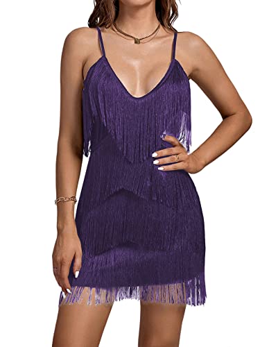 Image of Umenlele Women's Layered Fringe Deep V Neck Cami Mini Dress Sleeveless Tassels Flapper Dresses