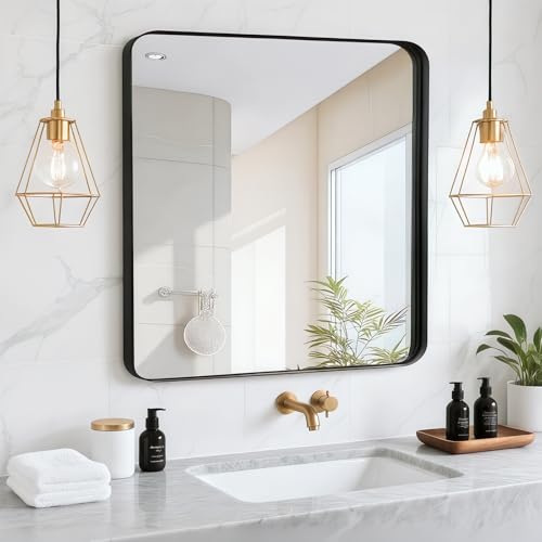 Rosynee 28x28 in Black Metal Square Bathroom Mirror