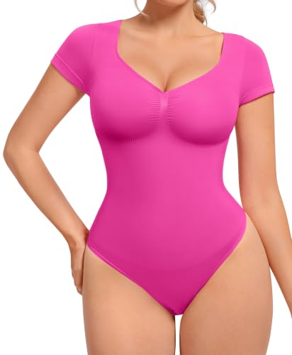 Image of FeelinGirl Short Sleeve Shapewear Bodysuit for Women V Neck Tummy Control | Sweetheart Neckline, Seamless, Going Out Tops, Thong, Plus Size, Soft