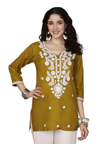 Image of Short Kurti for Women for Jeans, Chikankari Kurtis for Ladies, Lakhnavi V- Neck Women's Tunic Design Kurta, Floral Kurtas & Tunics for Woman