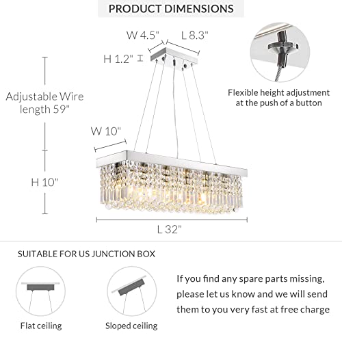 Siljoy Rectangle Crystal Raindrop Chandelier, 6 Lights Modern Rectangular Pendant Ceiling Light Fixture For Kitchen Island Dining Room L31.5 X W10 X H10, Polished Chrome, Adjustable Height #TOP5