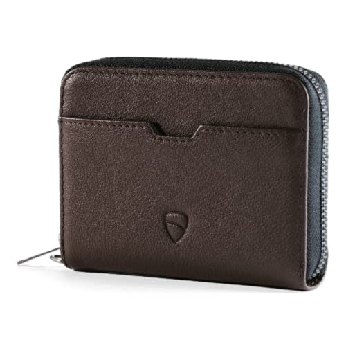 Image of Vaultskin Minimalist Leather Zipper Wallet. Small RFID-Blocking Multi-Card Holder with Coin Compartment MAYFAIR, Brown, Small Zipper Wallet With Rfid Blocking