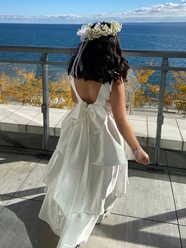Girls Crewneck Layers Flower Girl Satin Pageant Dress with Bow Knot Backless Birthday Party Formal Dress4