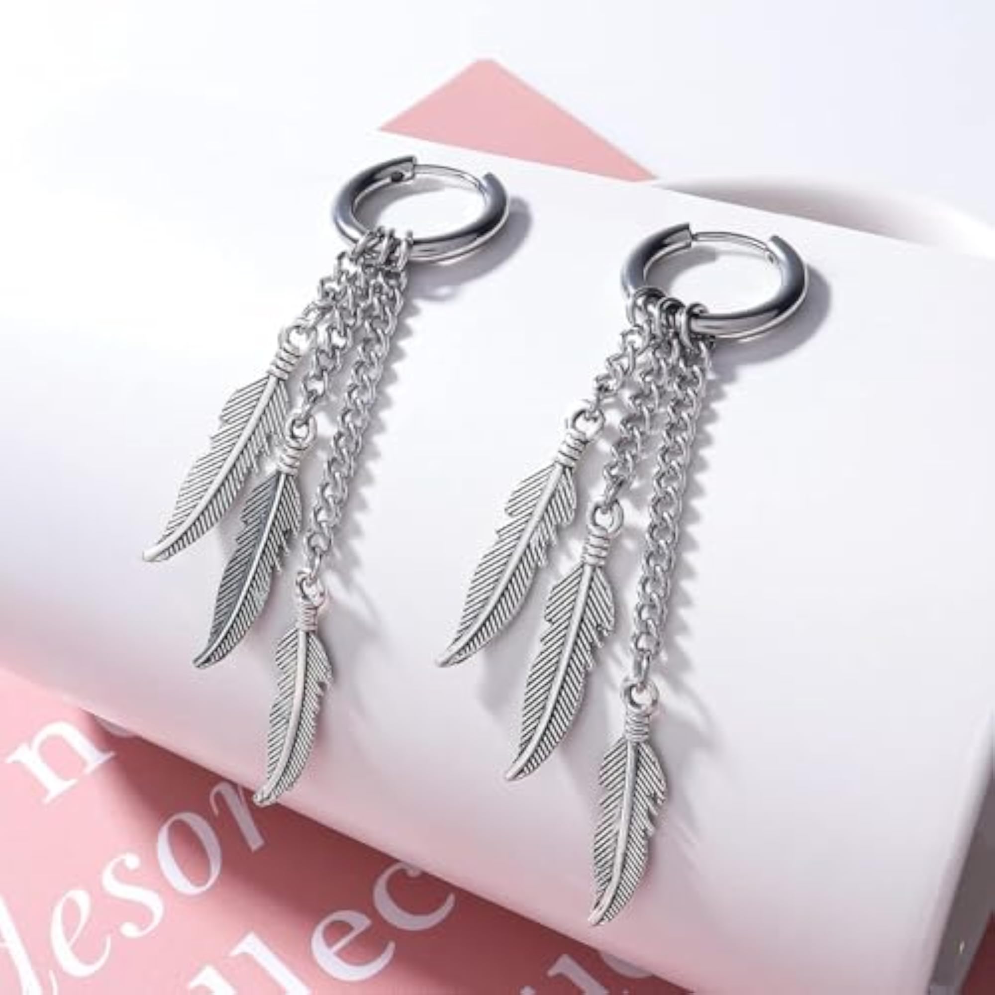 Silver Plated 'Urban Wing Legacy' Feather Hoop Dangle Earrings