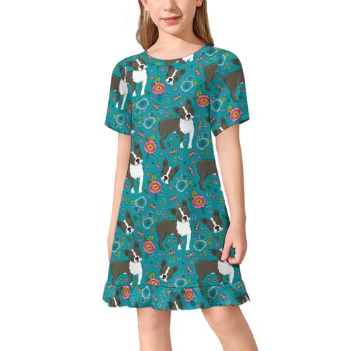 Boston Terrier French Bulldog Girls' Short Sleeve Summer Dress Kids Crewneck Loose Casual Dresses 160CM