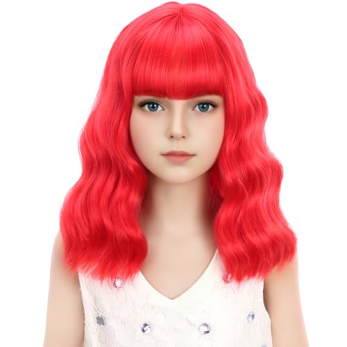 Image of Red Wig Short Red Wavy Curly Wigs with Air Bangs Synthetic Cosplay Hair Wig