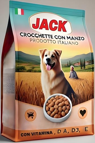 Jack Croquetas para perro sabor carne 4 kg – Producto italiano con vitaminas D, A, D3, E – Alimento completo para perros adultos – crujiente y nutritivo