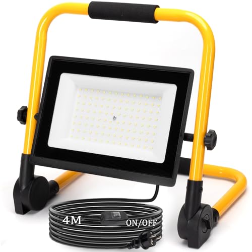 Aigostar Foco de Trabajo LED 100W,Foco LED Portátil con Cable de 4M,Enchufes Con Interruptor Estanco,9000LM,IP65 Impermeable,Soporte plegable,Uso en Interior y Exterior,para Obra, Taller,6500K