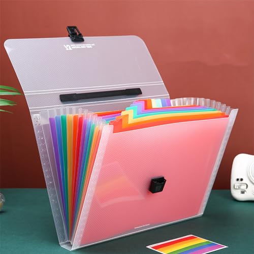Accordion File Organizer with Labels, Expandable File Storage Box with 13 Pockets, Plastic File Folders, Water-proof Transparent File Organiser, A4 File Wallet for Office Business and School
