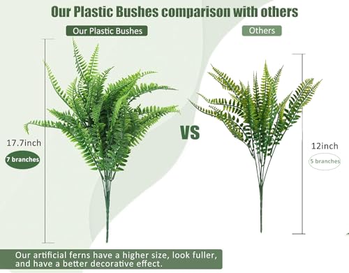 RECUTMS 6 Bundles Artificial Boston Fern Realistic Plastic Plants Bushes UV Resistant Fake Shrubs Lifelike Faux Greenery for Outdoor Planters Indoor Home Garden Office Mother’s Day Decor(Green) - Thumbnail 4