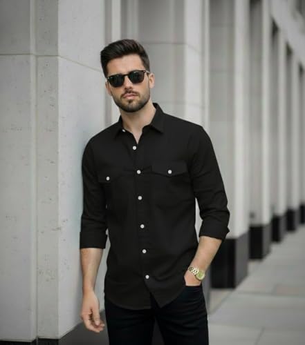 Image of DEELMO Men's Classic Cotton Blend Slim Fit Shirt || Full Sleeve Button-Down Casual Shirt with Dual Flap Pockets || Soft Breathable Fabric || Ideal for Office Party and Everyday Wear
