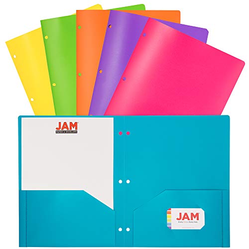 JAM PAPER Plastic 2 Pocket School POP Folders with 3 Hole Punch - Assorted Fashion Colors - 6/Pack
