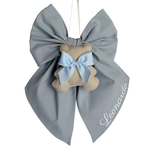 Fiocco nascita Teddy personalizzato con nome bambino/bambina fatto a mano in Italia (Azzurro cielo - teddy azzurro)