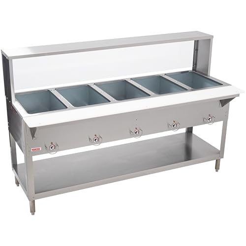 kratos commercial electric steam tablehot food table with overshelf and sneeze guard 5 wells stainless steel stationary nsf 240v 28w-195