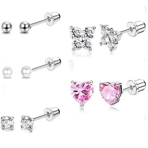 Udalyn 6 Pairs Hypoallergenic Screwback Earrings Tiny Pearl Ball Heart Butterfly Flower CZ Stud Earrings Set Stainless Steel Stud Earrings for Women 18G-20G Cover