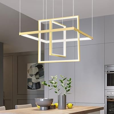 FDPBY Modern LED Chandelier 3 Rings Square Gold Pendant Light Dimmable for Living Room Dining Room Bedroom Kitchen Island