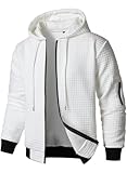 HOOD CREW Men’s Jacquard Plaid Long Sleeve Lightweight Zipper Hoodie Sweatshirt Jackets White L