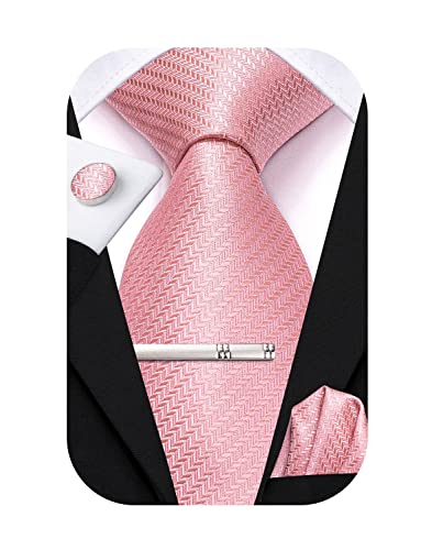 Hi-Tie Corbatas de Seda para Hombres Rosa Azul Negro Conjunto de Corbatas para Hombres 4 PCS Corbata Pañuelo de Bolsillo Gemelos Clip Alfiler para Boda, rosa, M