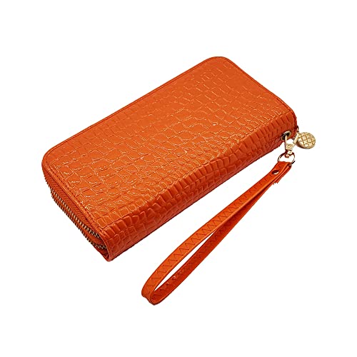 Orange patent Glossy Faux Croc Fashion Double Zip Wallet2