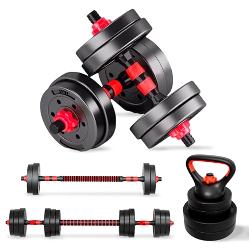 JUPPLIES Juego de Mancuernas Ajustables 4 en 1 + Kettlebell - 10kg 20kg 40kg - Kit de Pesas con Barra Recta Ajustable y Antideslizante - Pesas y Mancuernas Discos Recubiertos - Set de 10 kg