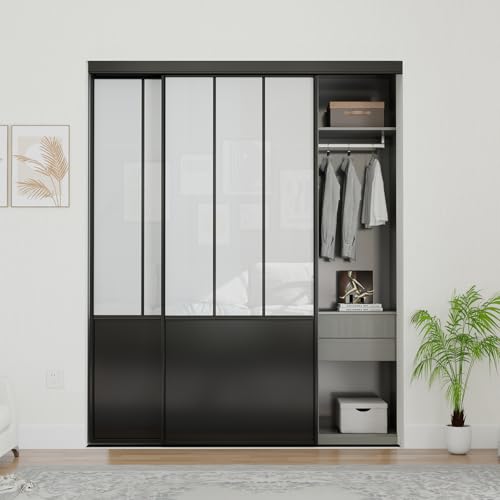 JUBEST Sliding Closet Door 72 x 80", Black Farmhouse Sliding
